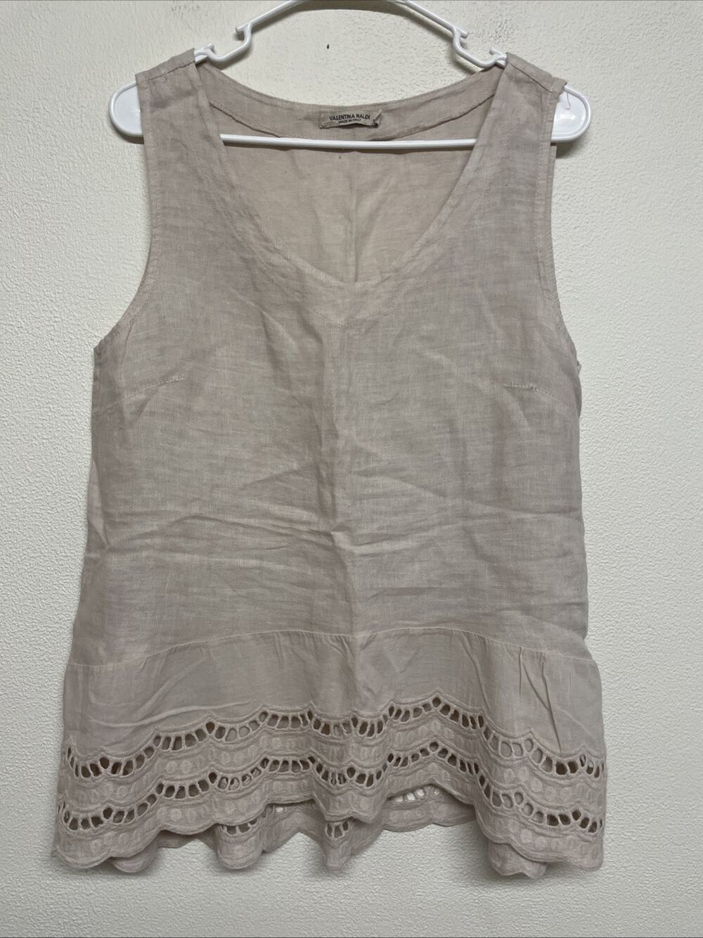 Valentina Naldi Italy Womens Size L Beige Linen Eyelet Lace Peplum Tank Top